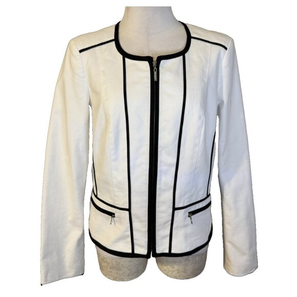 WHBM Suit Jacket Blazer 14 White Black Piping Stretch Cotton Washable - Picture 1 of 14